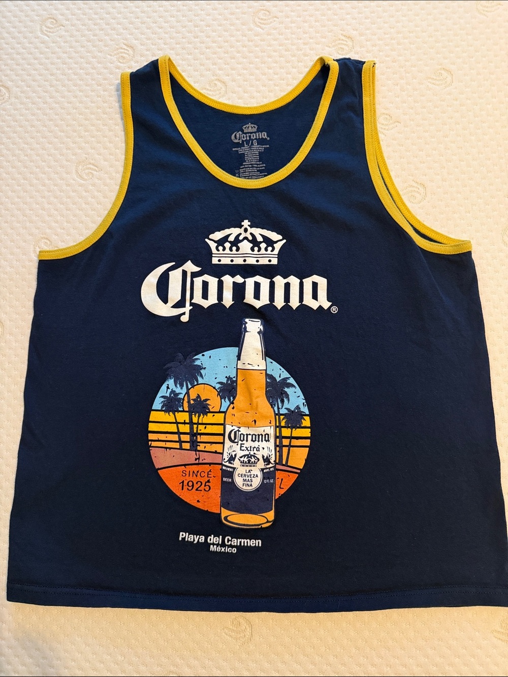 Corona Large Playa Del Carmen Mexico Navy Tank Top Yellow Trim and Beach Graphic